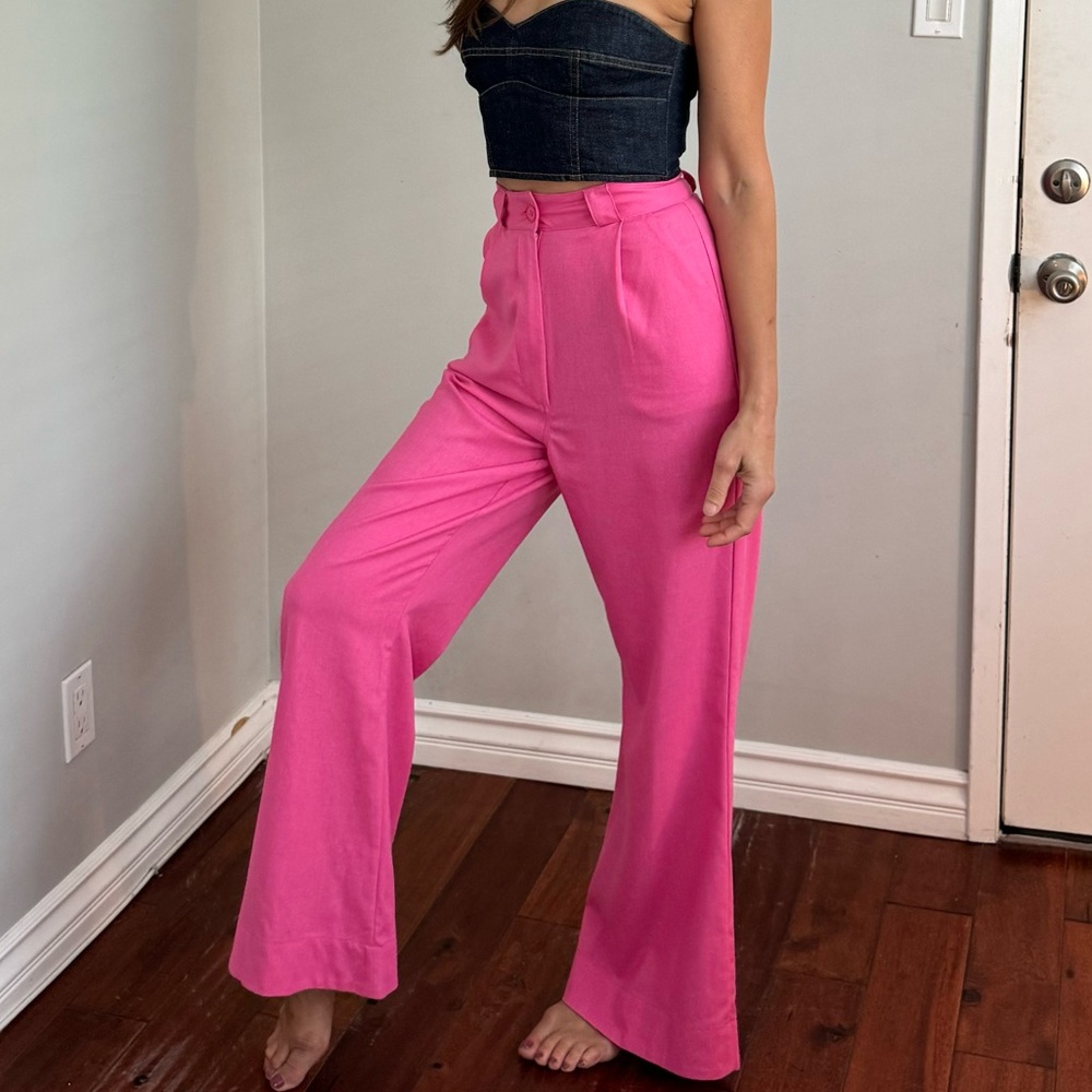 Lalibela Trousers, Pink, Wide Leg, High Waist, Linen Viscose Blend, Size Small
